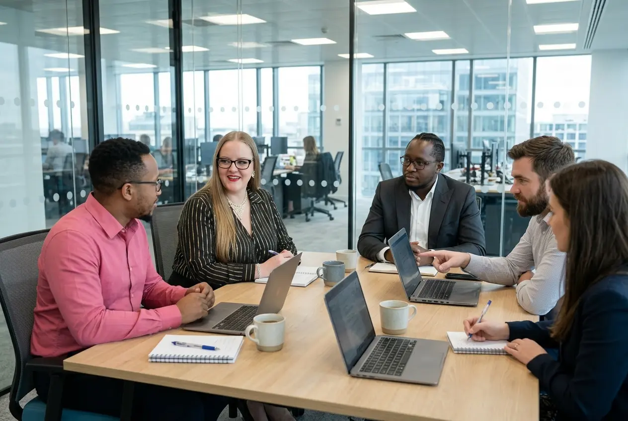 AD Plus Solutions recruitment team in a meeting with clients in a modern UK office